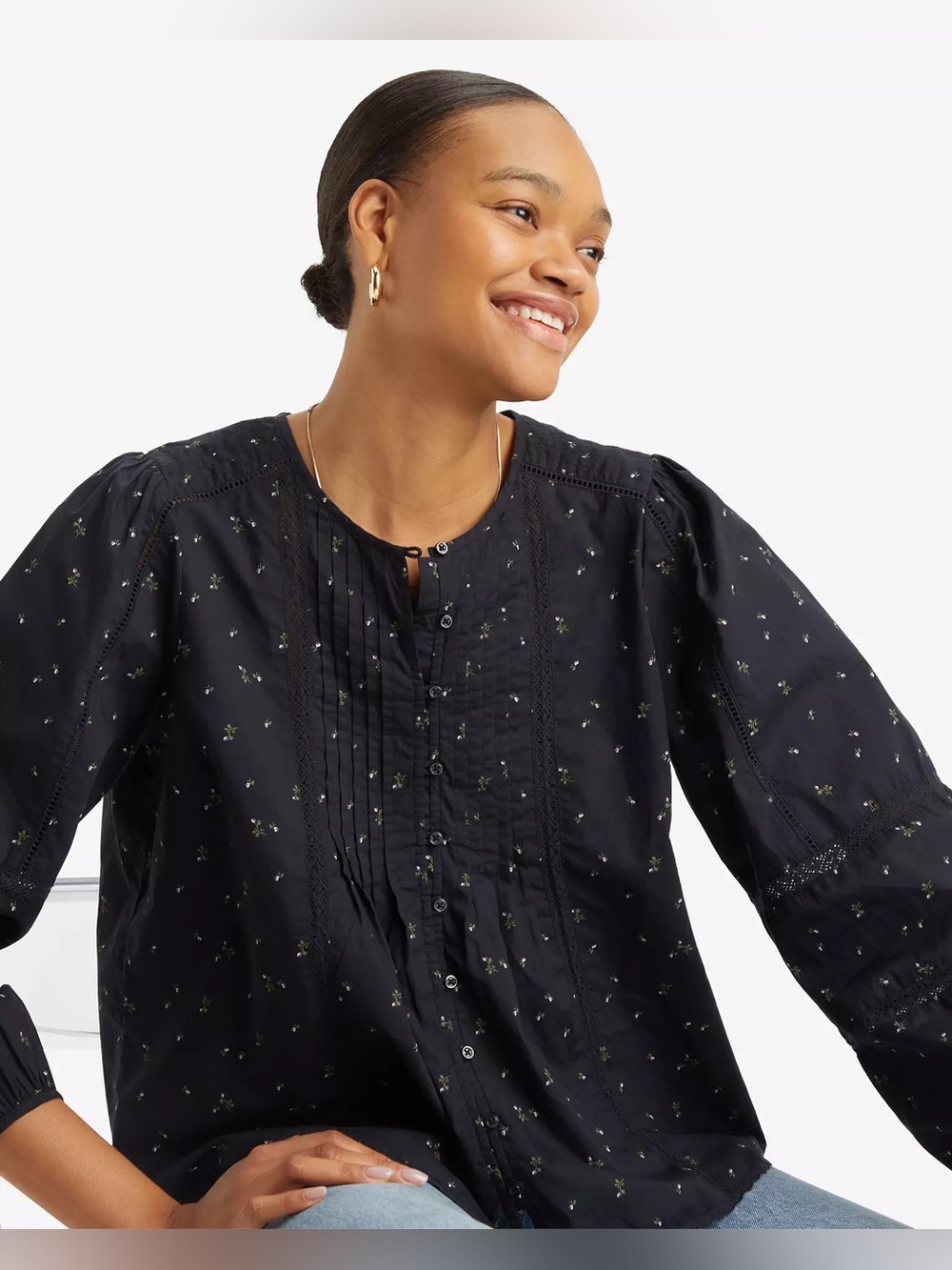 Levi's Black Floral Pintuck Button-Down Blouse - Aliyah Long Sleeve Blouse